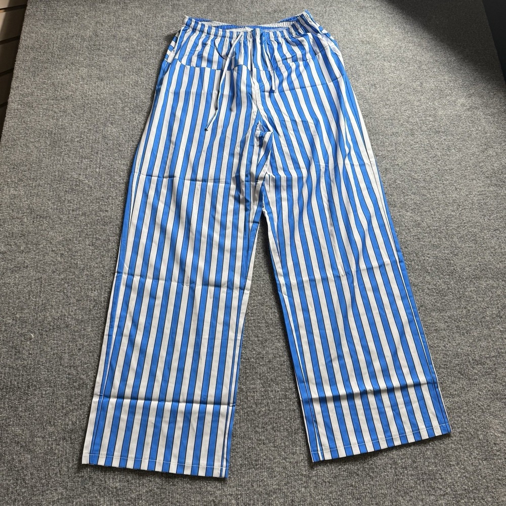 Blue and White Vertical Striped Wide Leg Pants Drawstring Lounge Pajamas M